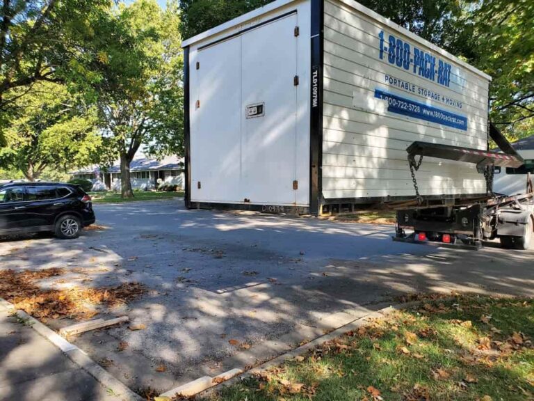 A 1-800-PACK-RAT moving container is dropped off at a customer's home in Fort Leavenworth, Kansas.