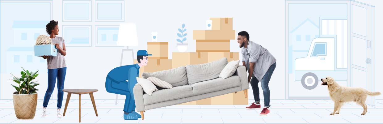 collage of people and illustrations moving a couch around moving boxes