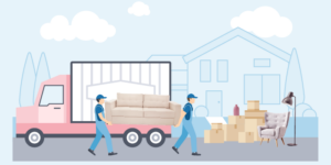 Two movers carrying a couch and moving items alongside a moving truck
