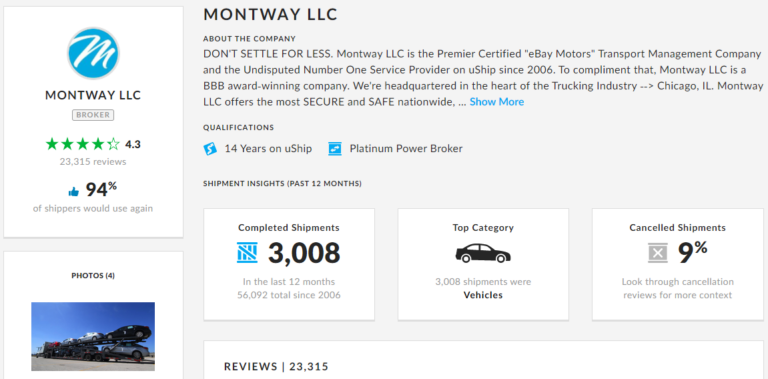 A Screenshot of Montway's profile on uShip's website.